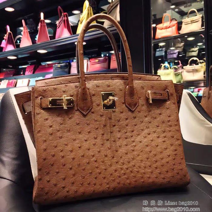 HERMES愛馬仕 鉑金包 Birkin 30 南非原產KK級鴕鳥皮 頂級工藝 土黃 手縫蠟線 手提包  Ama1229